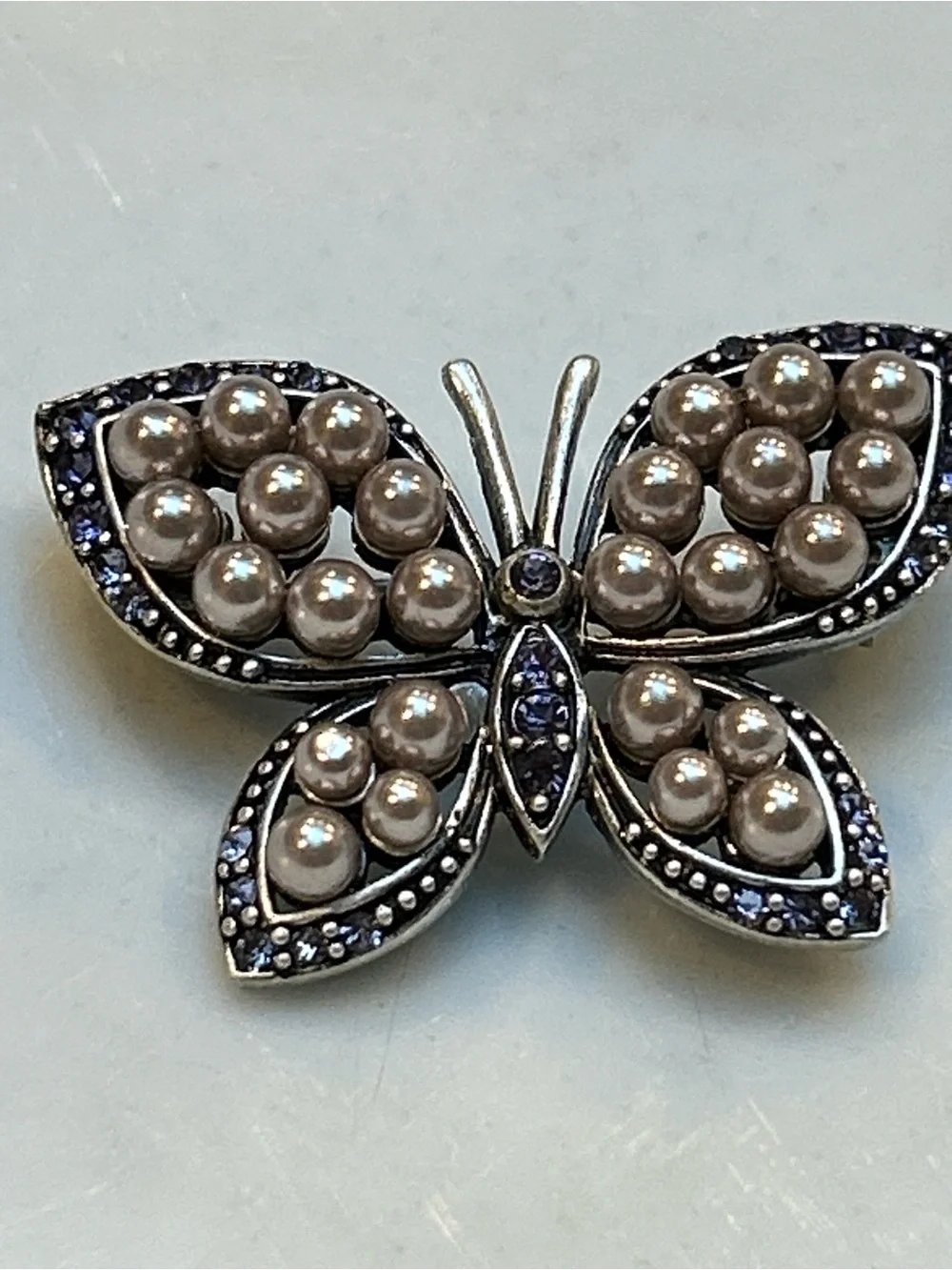 Vintage Silver Butterfly Brooch with Pearl Accents and Purple crystal Stones